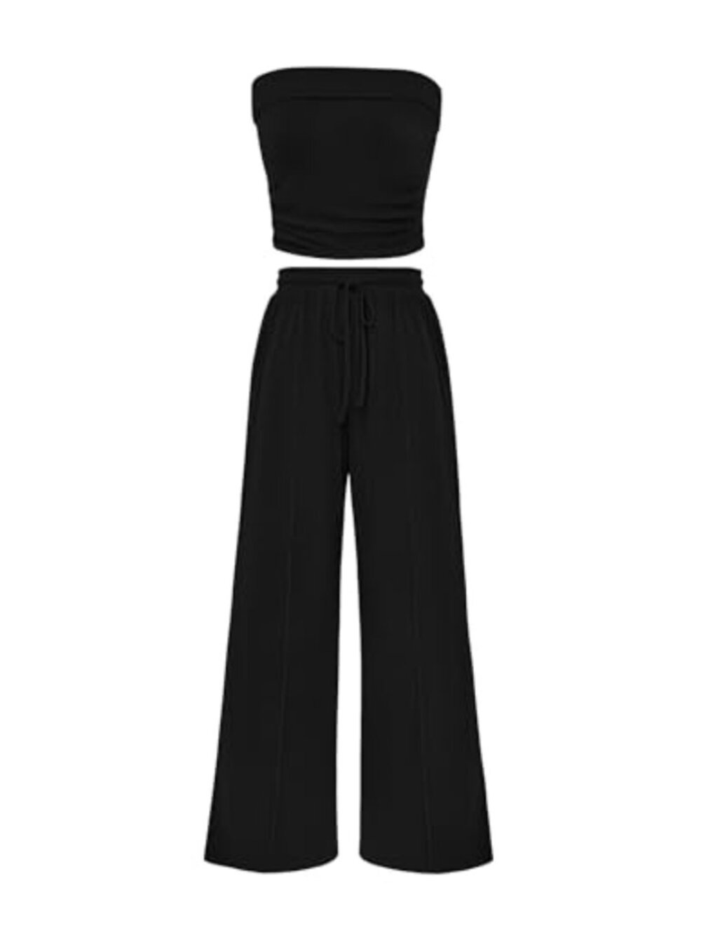Ribbed Knit 2 Piece Lounge Set, Strapless Tube Top Wide Leg Pants, Spring
